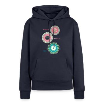 Amour Beauté Paix - Sweat à capuche Premium bio Femme - bleu marine - Devant - Julia (174cm)
