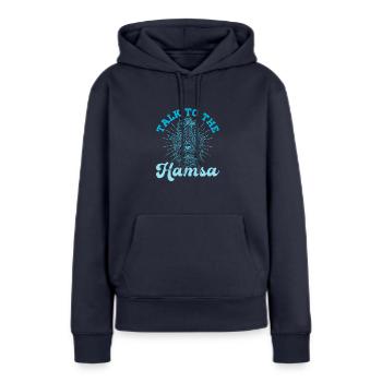Hamsa Eye Hand Talisman Yoga Fluchschutz - Frauen Premium Bio Hoodie - Navy - Vorne - Julia (174cm)