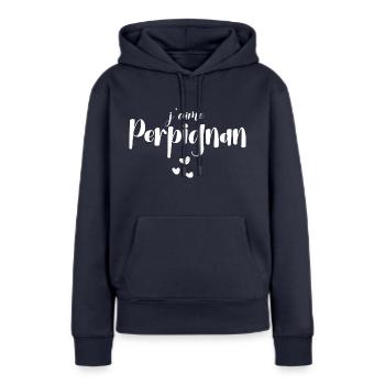 j aime Perpignan - Sweat à capuche Premium bio Femme - bleu marine - Devant - Julia (174cm)
