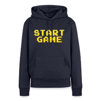 Start Game - Sweat à capuche Premium bio Femme - bleu marine - Devant - Julia (174cm)