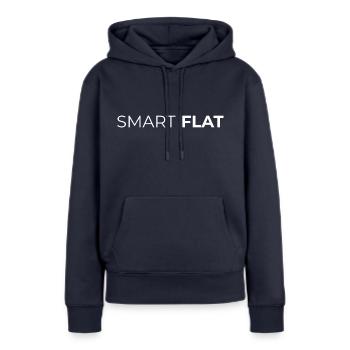 Text Logo: Smart FLAT (weiß/transparent) - Frauen Premium Bio Hoodie - Navy - Vorne - Julia (174cm)