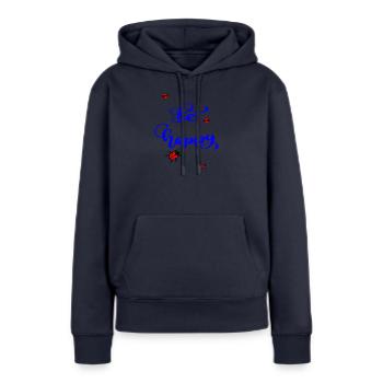 Sois heureux - Sweat à capuche Premium bio Femme - bleu marine - Devant - Julia (174cm)