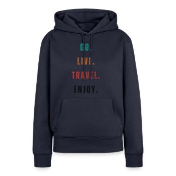 Voyager - Sweat à capuche Premium bio Femme - bleu marine - Devant - Julia (174cm)