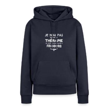 Fribourg thérapie - Sweat à capuche Premium bio Femme - bleu marine - Devant - Julia (174cm)