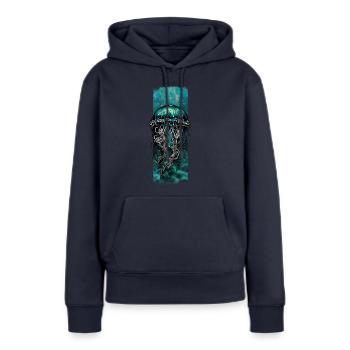 Dérive azur : conception de méduse cyan - Sweat à capuche Premium bio Femme - bleu marine - Devant - Julia (174cm)