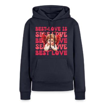 Saint-Valentin Cupidon Amour de soi - Sweat à capuche Premium bio Femme - bleu marine - Devant - Julia (174cm)