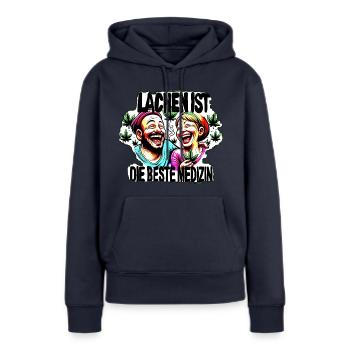 Le rire est le meilleur remède - Sweat à capuche Premium bio Femme - bleu marine - Devant - Julia (174cm)