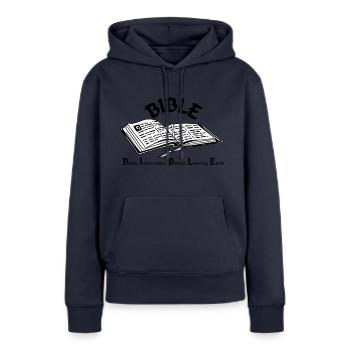 bible - Sweat à capuche Premium bio Femme - bleu marine - Devant - Julia (174cm)