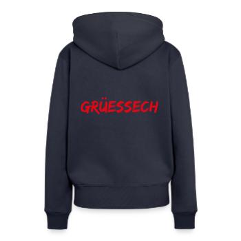 Grüessech Mundart Schweiz - Frauen Premium Bio Hoodie - Navy - Hinten - Julia (174cm)