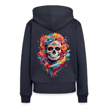 MYSTIC-SHIRT: Day Of The Dead - Frauen Premium Bio Hoodie - Navy - Hinten - Julia (174cm)