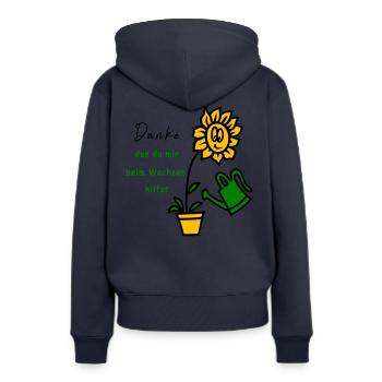 Sonnenblume, Garten, Danke - Frauen Premium Bio Hoodie - Navy - Hinten - Julia (174cm)