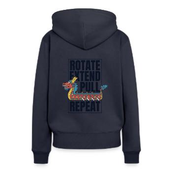 Drehen Verlängern Ziehen Wiederholen Paddler Drummer Team - Frauen Premium Bio Hoodie - Navy - Hinten - Julia (174cm)
