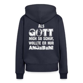 Als Gott mich schuf, wollte er eh nur angeben! - Frauen Premium Bio Hoodie - Navy - Hinten - Julia (174cm)
