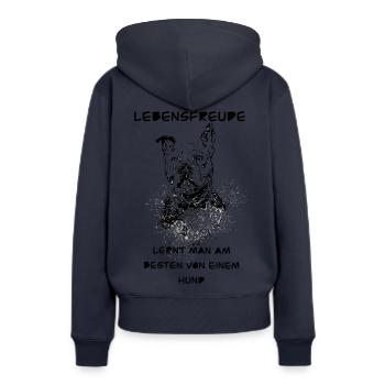 Lebensfreude Hund - Frauen Premium Bio Hoodie - Navy - Hinten - Julia (174cm)