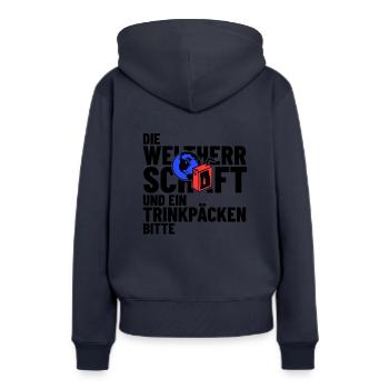 Weltherrschaft Trinkpäckchen Lustiger Spruch Shirt - Frauen Premium Bio Hoodie - Navy - Hinten - Julia (174cm)