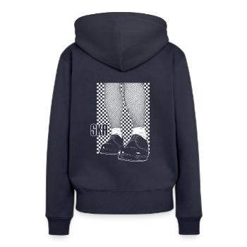 Ska-Grafik - Trojaner-Kleidung - Frauen Premium Bio Hoodie - Navy - Hinten - Julia (174cm)