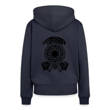 tatouage maori sur t-shirt - Sweat à capuche Premium bio Femme - bleu marine - Dos - Julia (174cm)