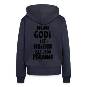 Godi ist heißer als jede Pfanne Patentante Godi - Frauen Premium Bio Hoodie - Navy - Hinten - Julia (174cm)