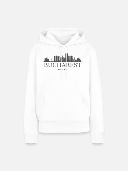Bukarest-Rumänien-Skyline, Bukarester Silhouette - Frauen Premium Bio Hoodie - Weiß