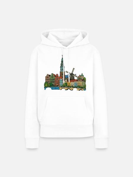 Niederländische Kanalhäuser Windmühlen-Retro-Skizze - Frauen Premium Bio Hoodie - Weiß