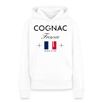 Souvenir de voyage coordonné Cognac France - Sweat à capuche Premium bio Femme - blanc - Devant - Julia (174cm)