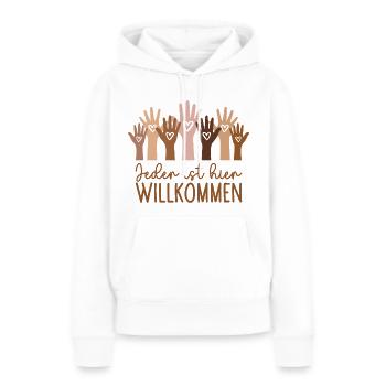 Jeder ist hier willkommen - Frauen Premium Bio Hoodie - Weiß - Vorne - Julia (174cm)