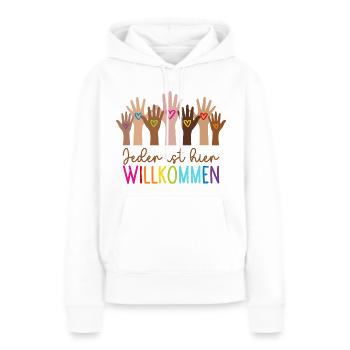 Jeder ist hier willkommen - Frauen Premium Bio Hoodie - Weiß - Vorne - Julia (174cm)