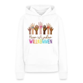 Hier ist jeder willkommen - Frauen Premium Bio Hoodie - Weiß - Vorne - Julia (174cm)