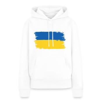 Ukraine -Priez pour l’Ukraine - Viva Ukraine - Sweat à capuche Premium bio Femme - blanc - Devant - Julia (174cm)