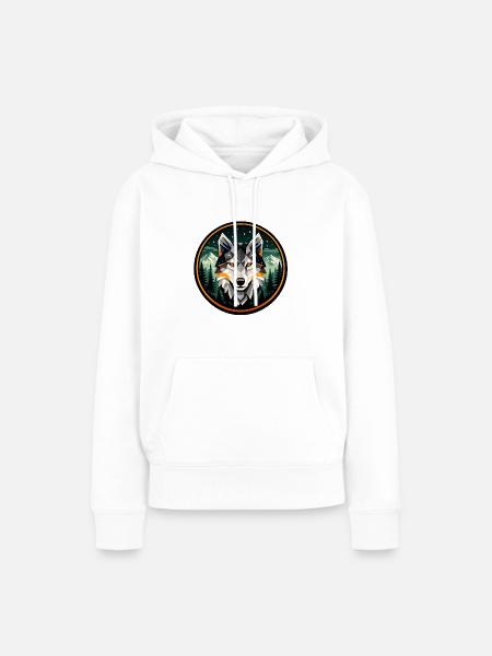 Geometrisches Wolf Mountain Forest Abzeichen-Design - Frauen Premium Bio Hoodie - Weiß