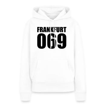 069 Francfort – Notre ville Ville de #Frankfurt - Sweat à capuche Premium bio Femme - blanc - Devant - Julia (174cm)