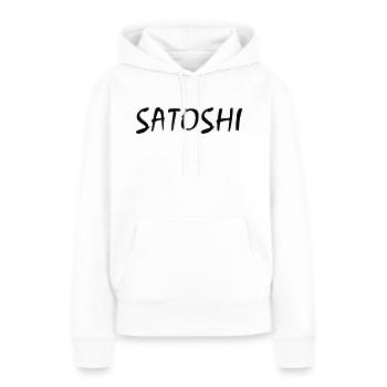 SATOSHI Schriftzug der Gründer von Bitcoin - Frauen Premium Bio Hoodie - Weiß - Vorne - Julia (174cm)