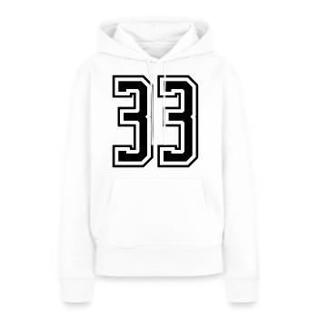 33 Numéro de numéro - Sweat à capuche Premium bio Femme - blanc - Devant - Julia (174cm)