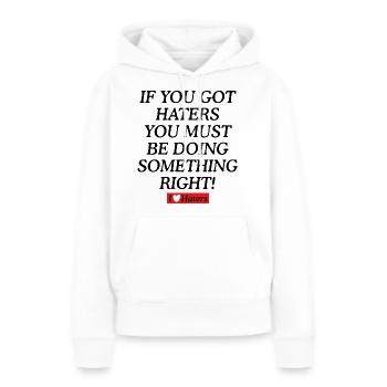 Graphique de citation Haters - Sweat à capuche Premium bio Femme - blanc - Devant - Julia (174cm)