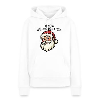 Je sais où tu habites - Père Noël - Sweat à capuche Premium bio Femme - blanc - Devant - Julia (174cm)