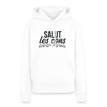 Salut les cons - Allergique aux cons - Sweat à capuche Premium bio Femme - blanc - Devant - Julia (174cm)
