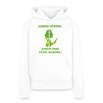 Ein lustiges Dino Hygiene Shirt mit dem Spruch Aus - Frauen Premium Bio Hoodie - Weiß - Vorne - Julia (174cm)