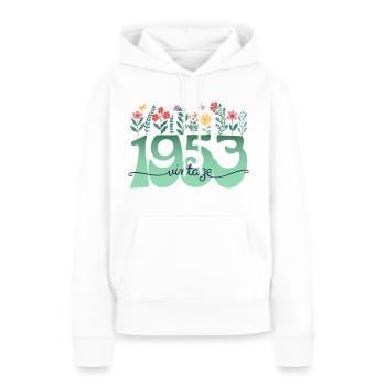 Motif Fleurs 1953 Fête Anniversaire Femme 70 Ans - Sweat à capuche Premium bio Femme - blanc - Devant - Julia (174cm)