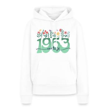 Motif Fleurs 1963 Fête Anniversaire Femme 60 Ans - Sweat à capuche Premium bio Femme - blanc - Devant - Julia (174cm)