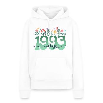 Motif Fleurs 1993 Fête Anniversaire Femme 30 Ans - Sweat à capuche Premium bio Femme - blanc - Devant - Julia (174cm)