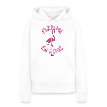 Flemme en Rose, Flamant Rose - Jeu de mots Humour - Sweat à capuche Premium bio Femme - blanc - Devant - Julia (174cm)