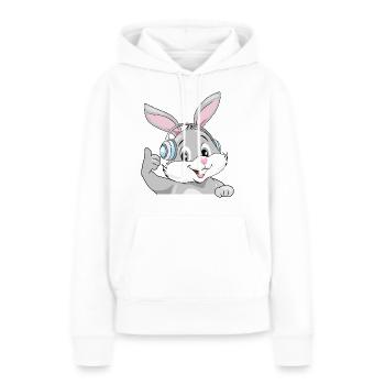 Lapin souriant et satisfait dans les écouteurs - Sweat à capuche Premium bio Femme - blanc - Devant - Julia (174cm)