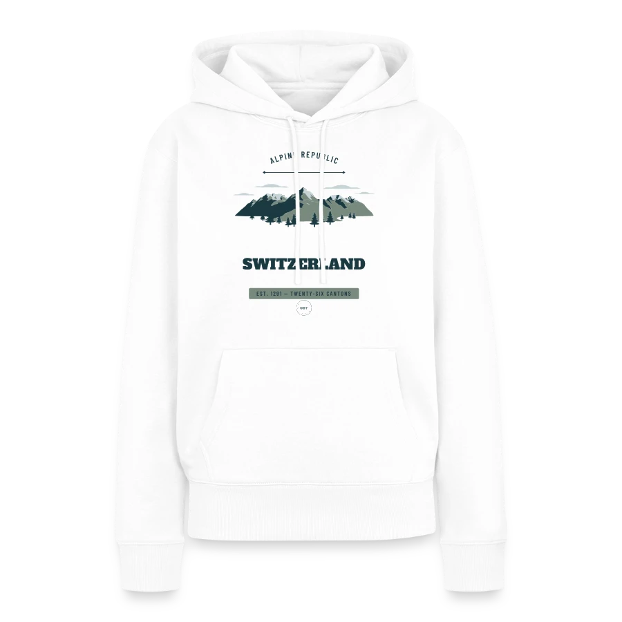 Switzerland badge on a women’s premium organic hoodie, white
