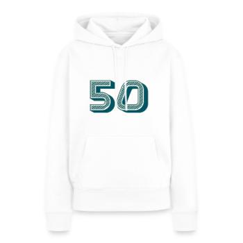 50. 50 ANS. 50e ANNIVERSAIRE. ANNIVERSAIRE 50 ANS. - Sweat à capuche Premium bio Femme - blanc - Devant - Julia (174cm)