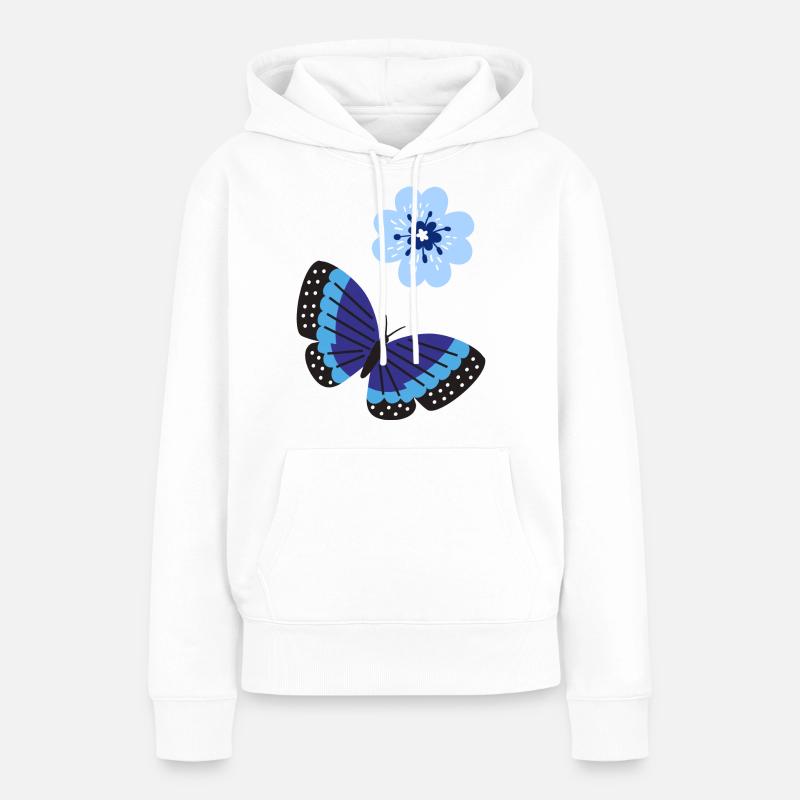 Farfalla blu con un fiore blu - Felpa con cappuccio ecologica premium da donna - bianco