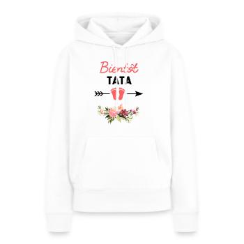 annonce grossesse pour Bientôt tata - Sweat à capuche Premium bio Femme - blanc - Devant - Julia (174cm)