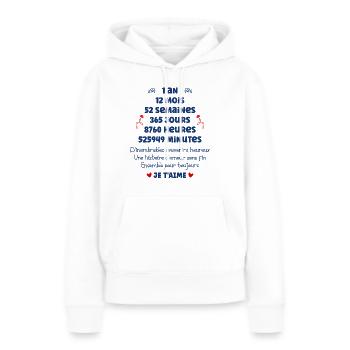 Anniversaire rencontre 1 ans - Sweat à capuche Premium bio Femme - blanc - Devant - Julia (174cm)
