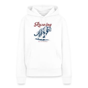Løber tør for tålmodighed - Cheetah - Dame Premium hoodie, økologisk bomuld - hvid - Foran - Julia (174cm)