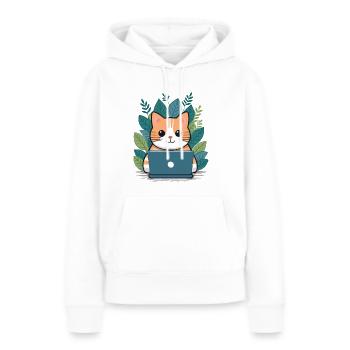 Un chat sur un ordinateur portable dans le bureau à domicile - Sweat à capuche Premium bio Femme - blanc - Devant - Julia (174cm)