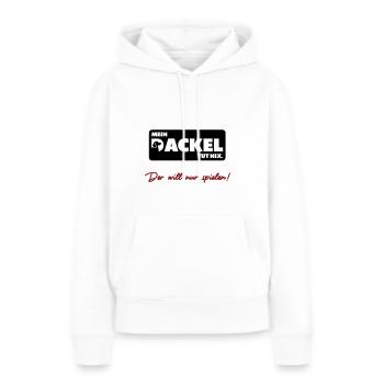 Mein Dackel tut nix. Der will nur spielen - Frauen Premium Bio Hoodie - Weiß - Vorne - Julia (174cm)